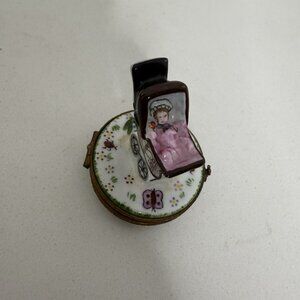 RARE Vtg Limoges France Baby Carriage Buggy Hinged Trinket Box Peint Main Blue